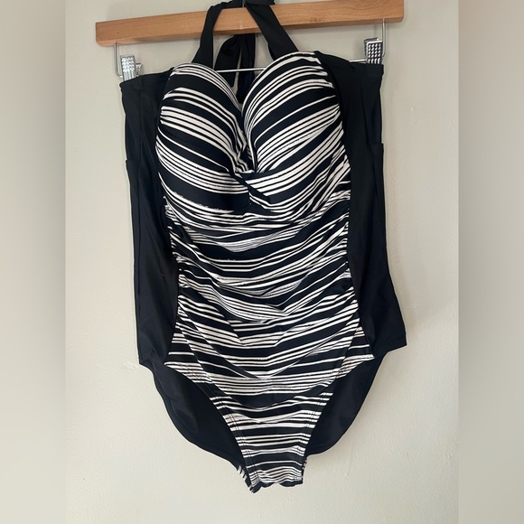 Merona Other - Merona Black White Striped One Piece Halter Bathing Suit Women’s Size Large